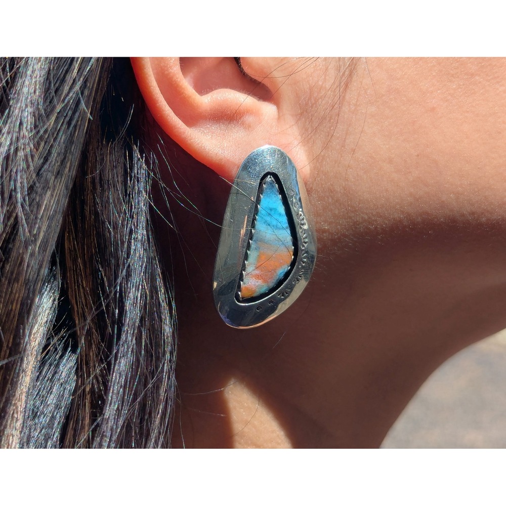 Navajo Earrings Handmade Native Opalized Wood Sterling Jewelry **‎